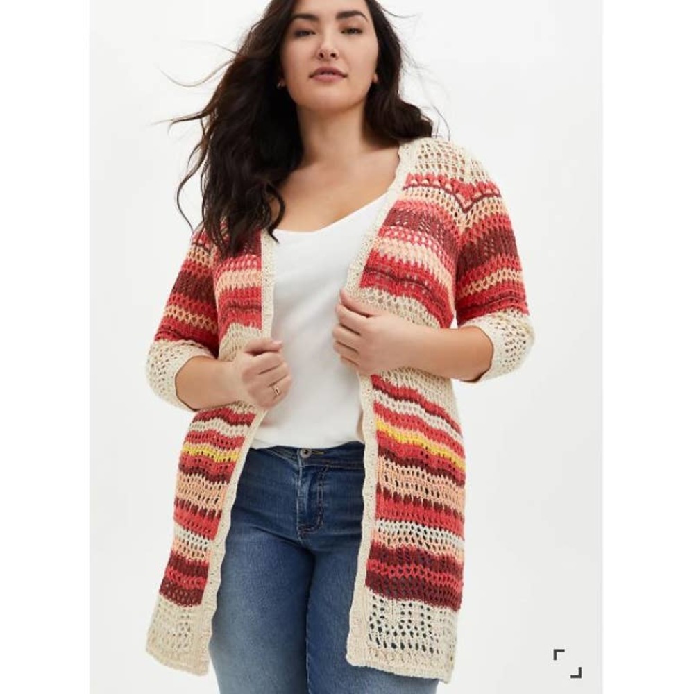 Torrid 1X BoHo CARDIGAN TOPPER or Swim Cover Up Crochet Stripe Open Weave